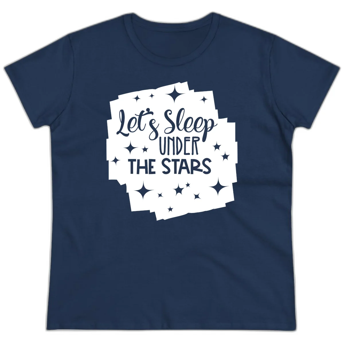 Whimsical design with 'Let's Sleep Under The Stars' text surrounded by sparkles and stars, evoking a cozy camping night. in Navy