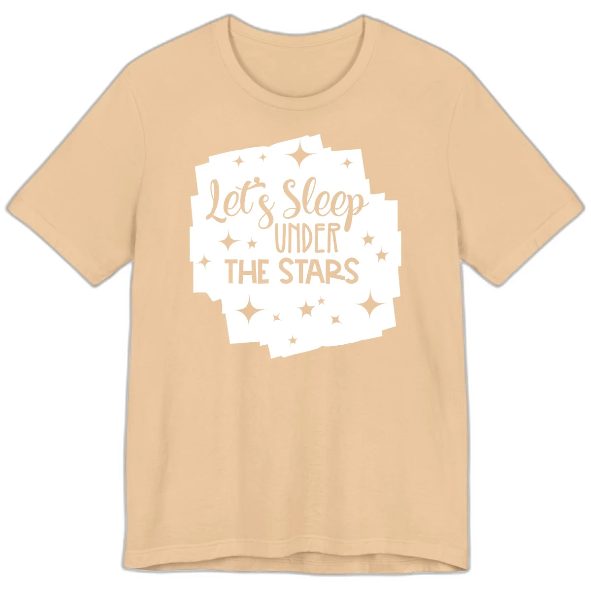 Whimsical design with 'Let's Sleep Under The Stars' text surrounded by sparkles and stars, evoking a cozy camping night. in Sand Dune