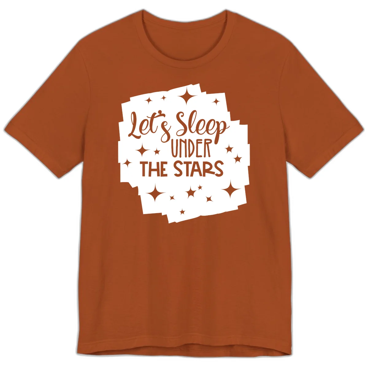 Whimsical design with 'Let's Sleep Under The Stars' text surrounded by sparkles and stars, evoking a cozy camping night. in Autumn