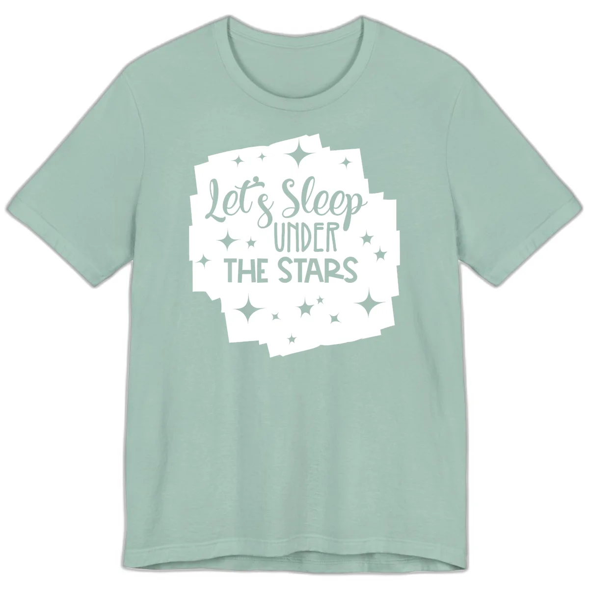 Whimsical design with 'Let's Sleep Under The Stars' text surrounded by sparkles and stars, evoking a cozy camping night. in Dusty Blue