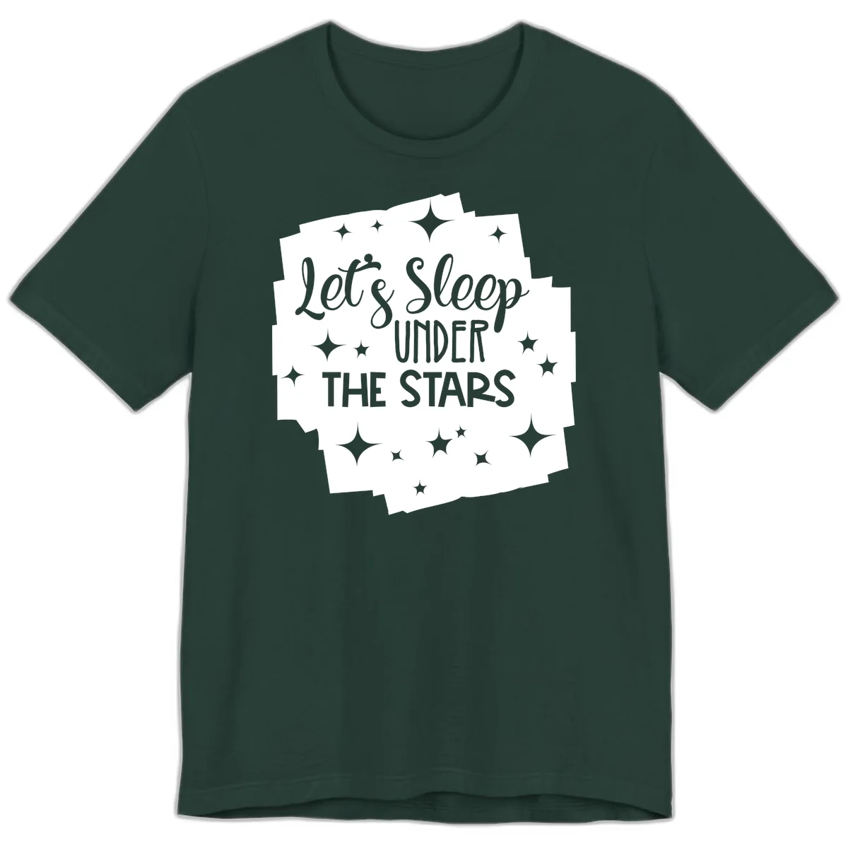 Whimsical design with 'Let's Sleep Under The Stars' text surrounded by sparkles and stars, evoking a cozy camping night. in Forest