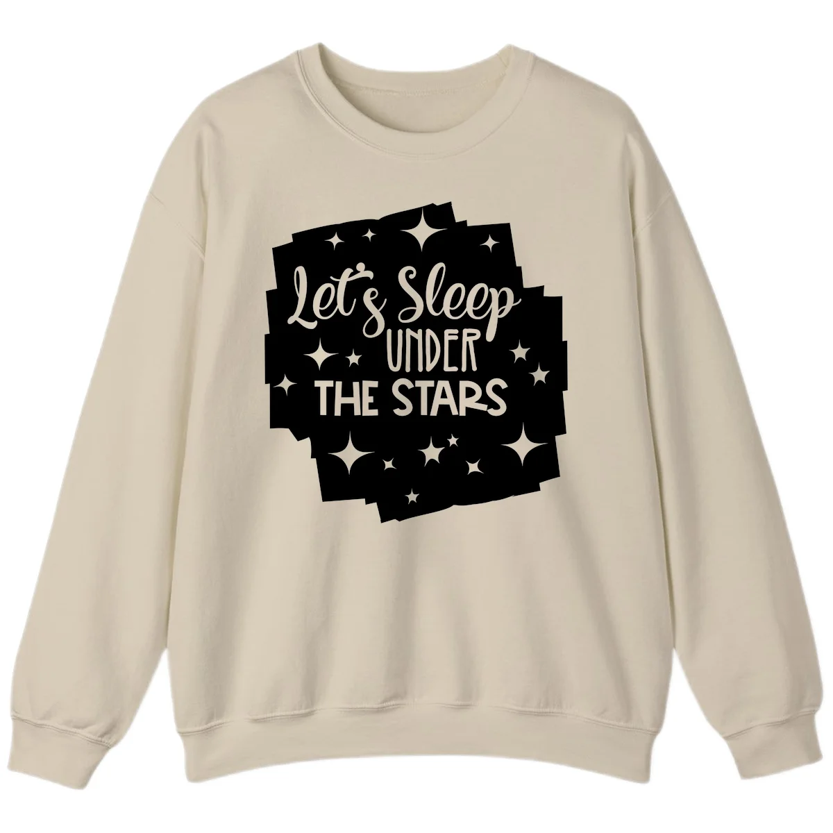 Whimsical design with 'Let's Sleep Under The Stars' text surrounded by sparkles and stars, evoking a cozy camping night. in Sand
