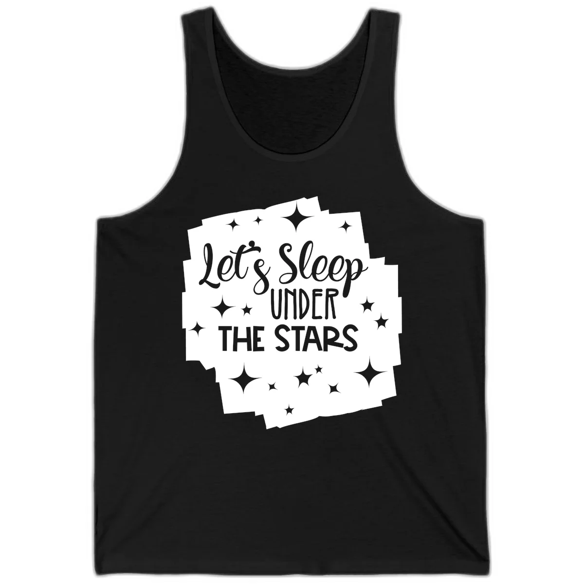 Whimsical design with 'Let's Sleep Under The Stars' text surrounded by sparkles and stars, evoking a cozy camping night. in Black