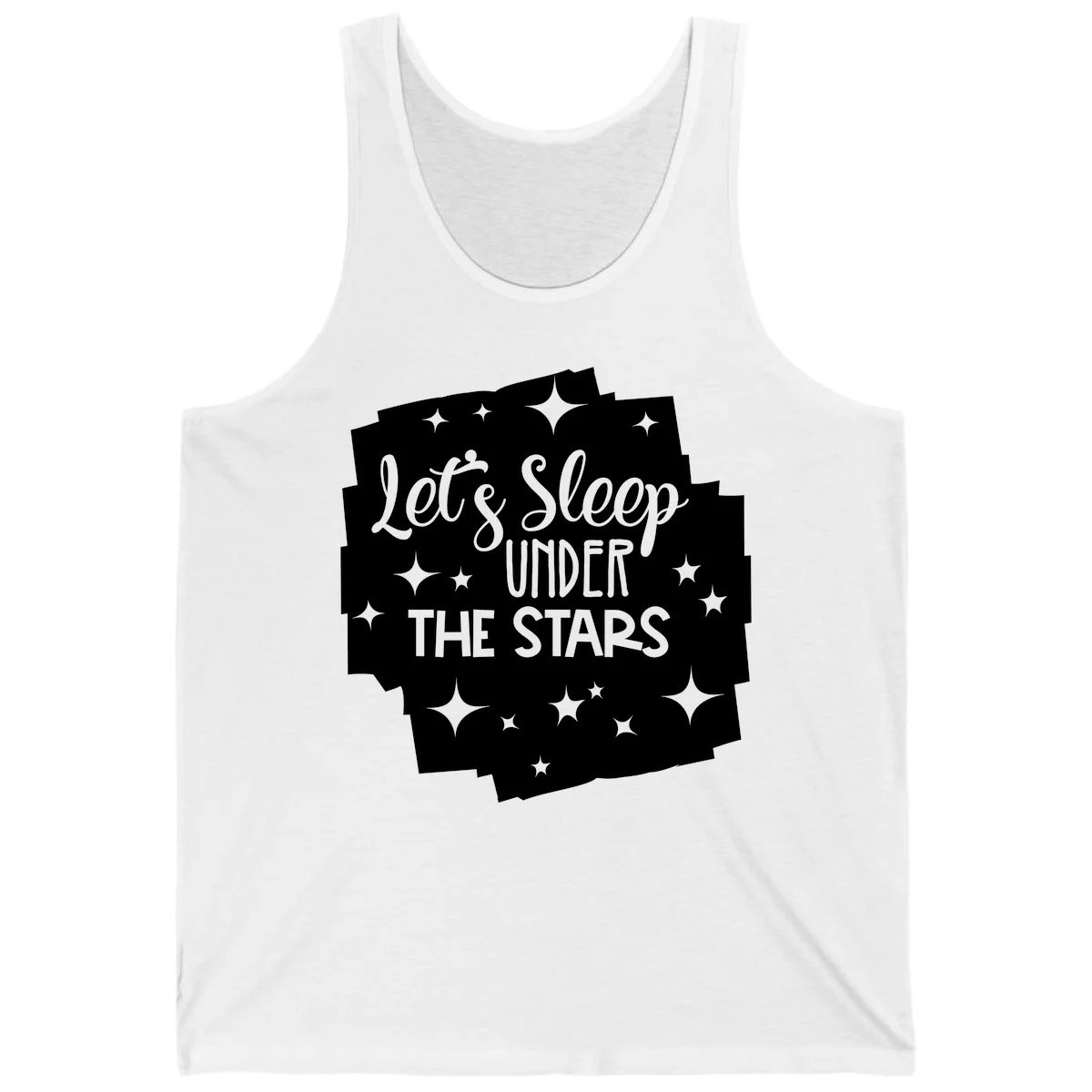 Whimsical design with 'Let's Sleep Under The Stars' text surrounded by sparkles and stars, evoking a cozy camping night. in White