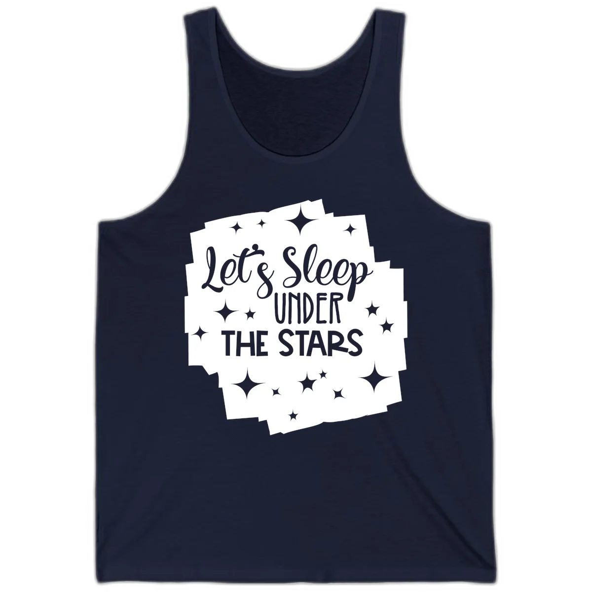 Whimsical design with 'Let's Sleep Under The Stars' text surrounded by sparkles and stars, evoking a cozy camping night. in Navy
