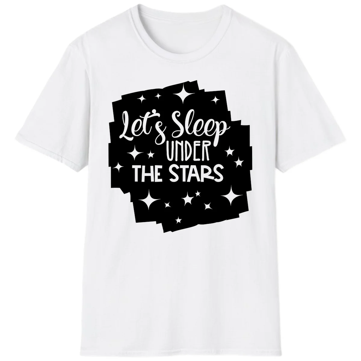 Whimsical design with 'Let's Sleep Under The Stars' text surrounded by sparkles and stars, evoking a cozy camping night. in White
