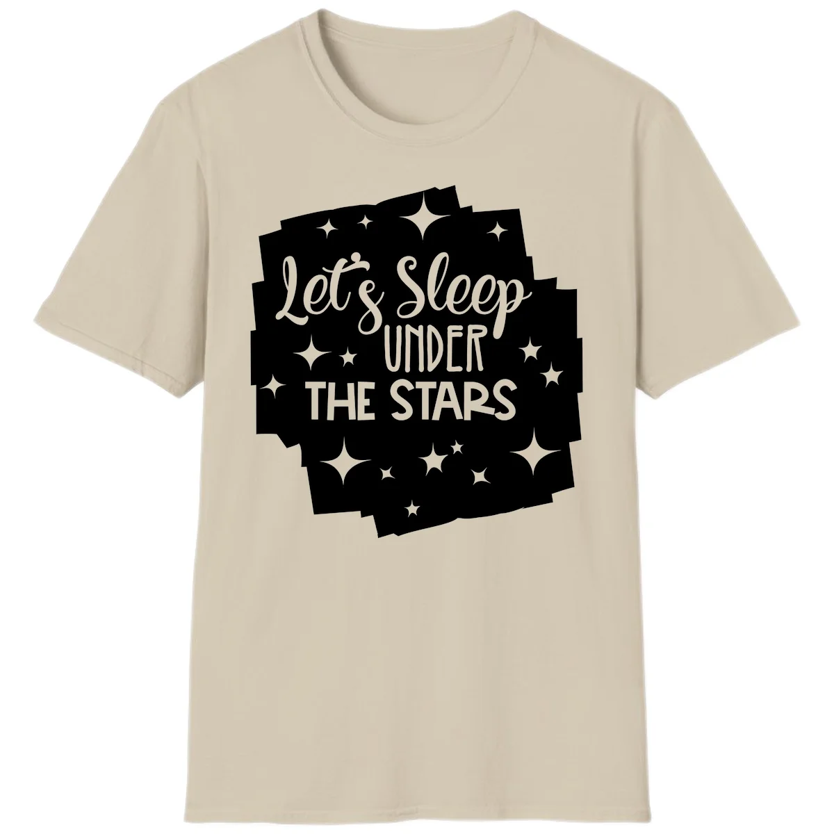 Whimsical design with 'Let's Sleep Under The Stars' text surrounded by sparkles and stars, evoking a cozy camping night. in Sand