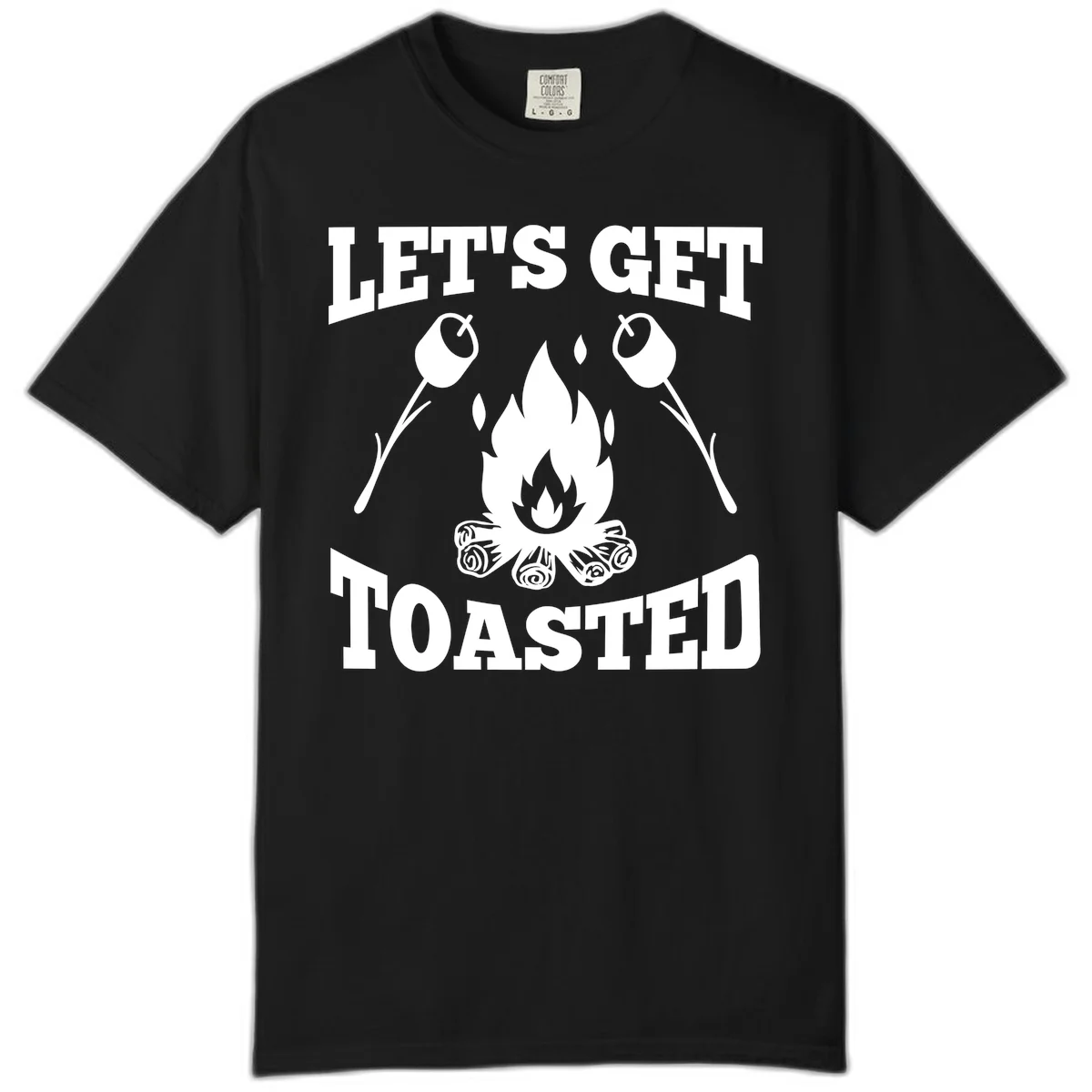 Campfire illustration with roasting sticks and marshmallows, text reads 'Let's Get Toasted' in Black