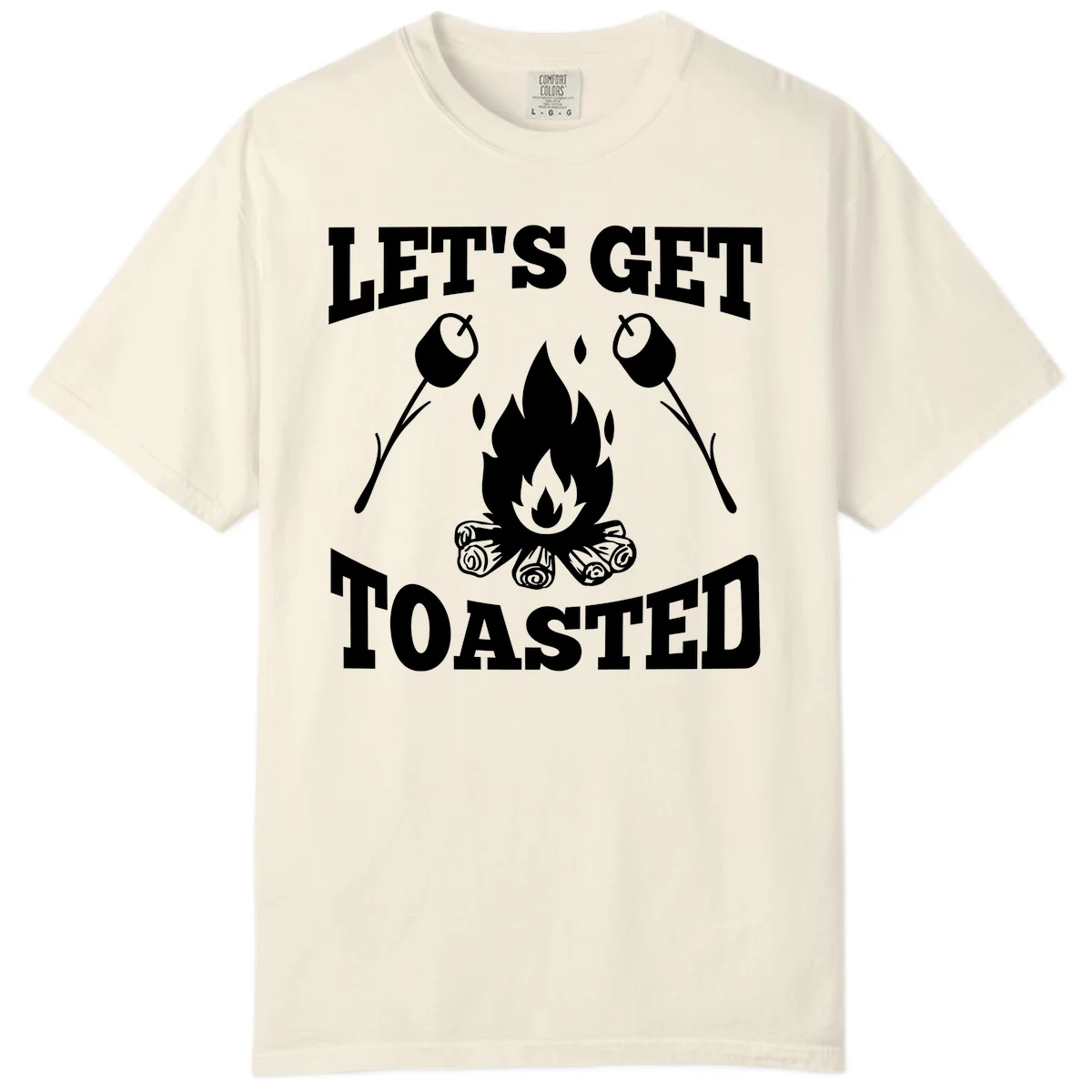 Campfire illustration with roasting sticks and marshmallows, text reads 'Let's Get Toasted' in Ivory