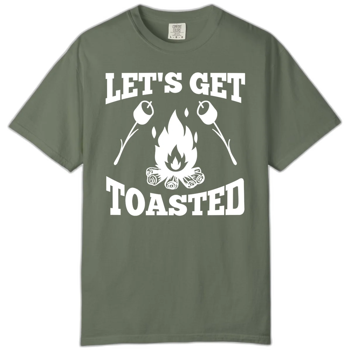 Campfire illustration with roasting sticks and marshmallows, text reads 'Let's Get Toasted' in Moss