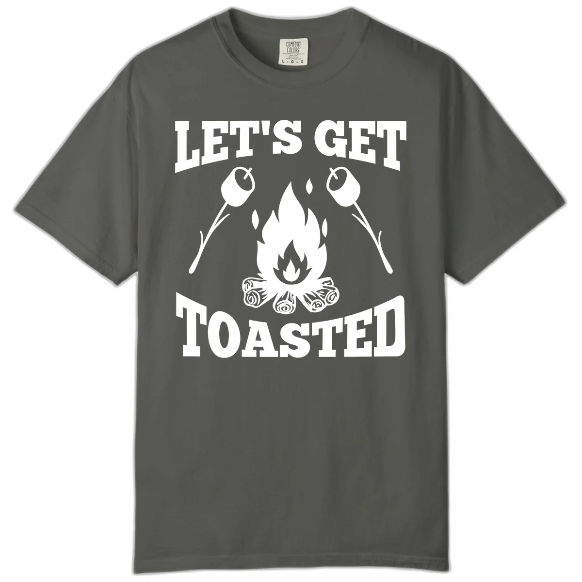 Campfire illustration with roasting sticks and marshmallows, text reads 'Let's Get Toasted' in Pepper