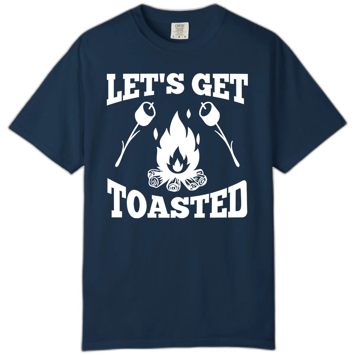 Campfire illustration with roasting sticks and marshmallows, text reads 'Let's Get Toasted' in True Navy