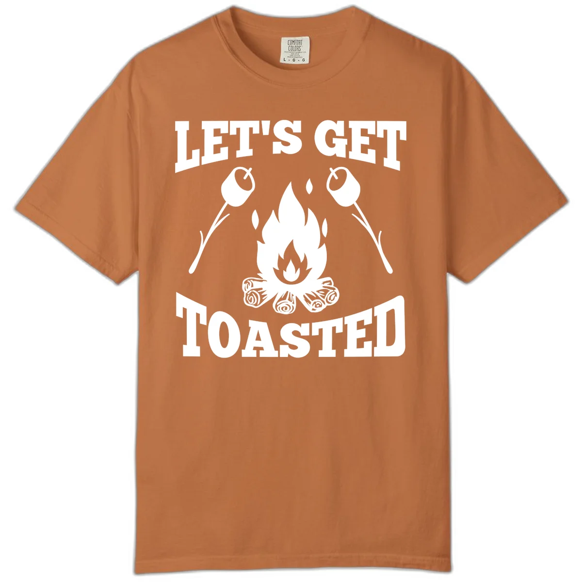 Campfire illustration with roasting sticks and marshmallows, text reads 'Let's Get Toasted' in Yam
