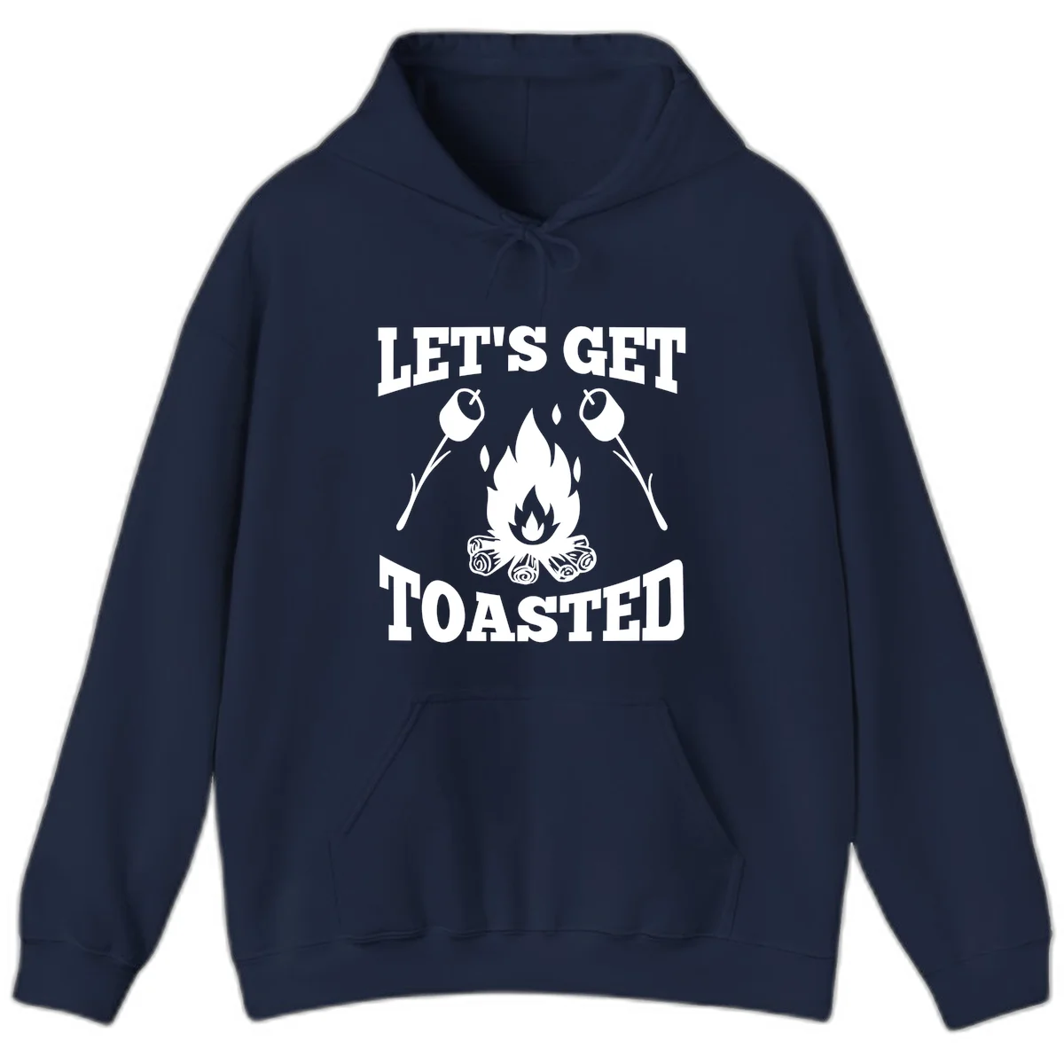 Campfire illustration with roasting sticks and marshmallows, text reads 'Let's Get Toasted' in Navy