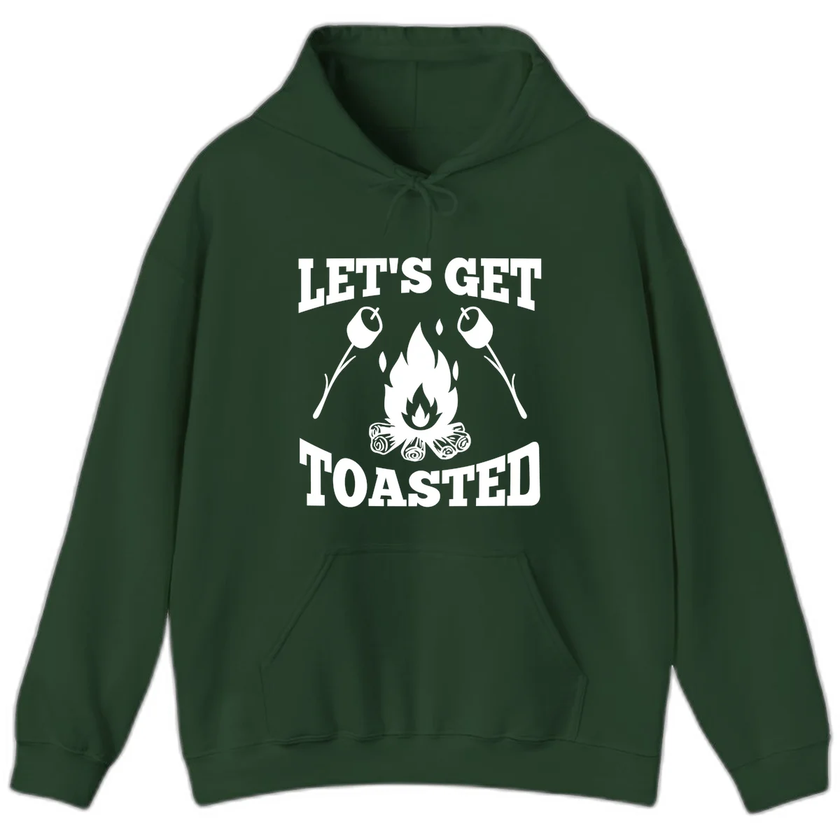 Campfire illustration with roasting sticks and marshmallows, text reads 'Let's Get Toasted' in Forest Green