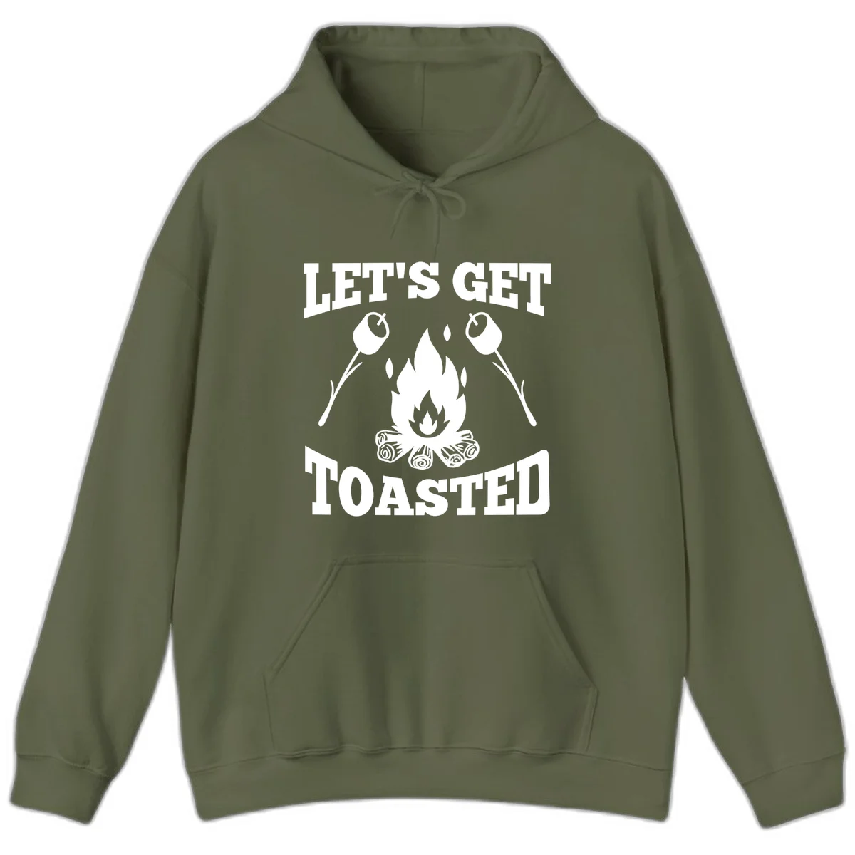 Campfire illustration with roasting sticks and marshmallows, text reads 'Let's Get Toasted' in Military Green
