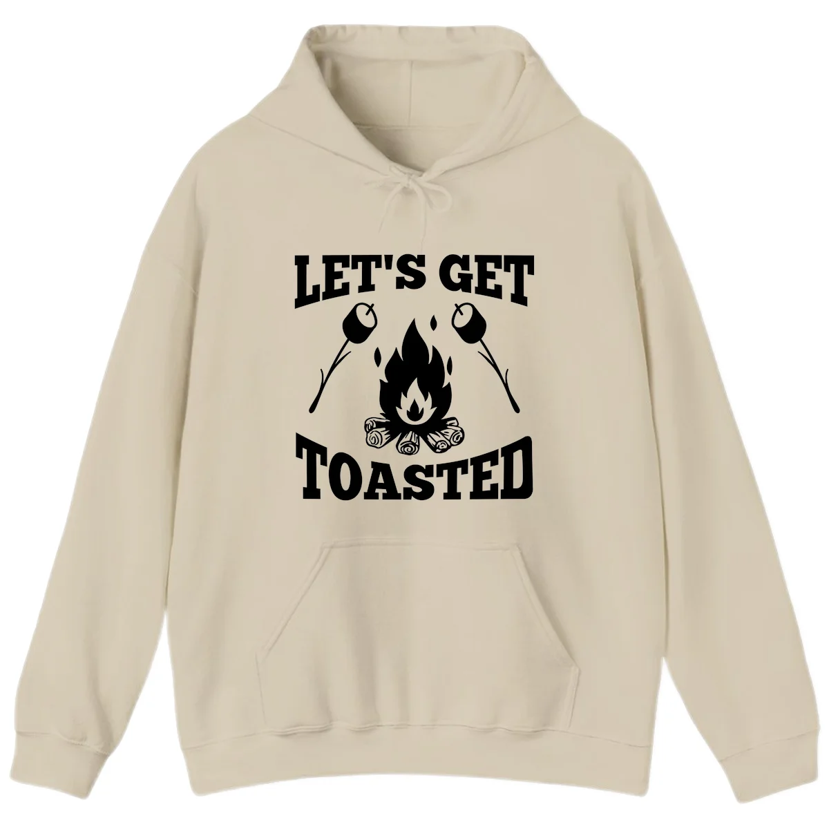 Campfire illustration with roasting sticks and marshmallows, text reads 'Let's Get Toasted' in Sand