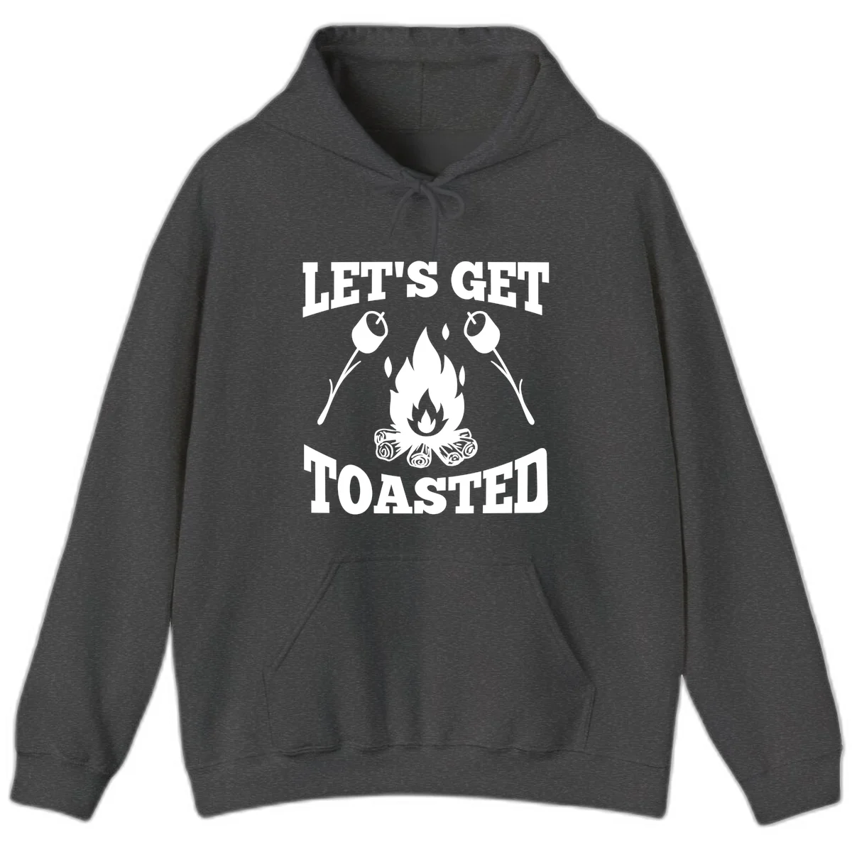 Campfire illustration with roasting sticks and marshmallows, text reads 'Let's Get Toasted' in Dark Heather
