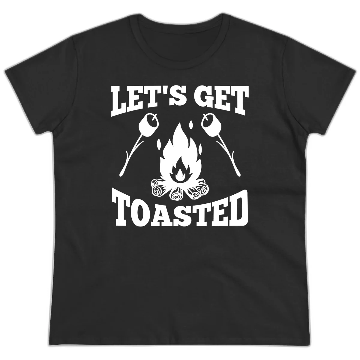 Campfire illustration with roasting sticks and marshmallows, text reads 'Let's Get Toasted' in Black