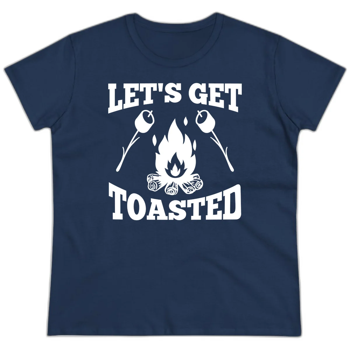 Campfire illustration with roasting sticks and marshmallows, text reads 'Let's Get Toasted' in Navy