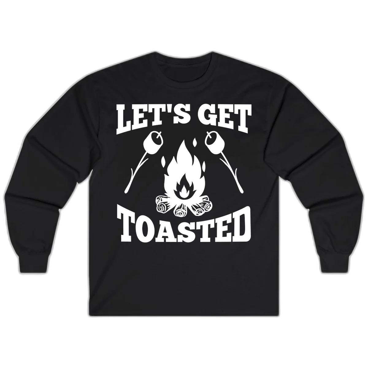 Campfire illustration with roasting sticks and marshmallows, text reads 'Let's Get Toasted' in Black