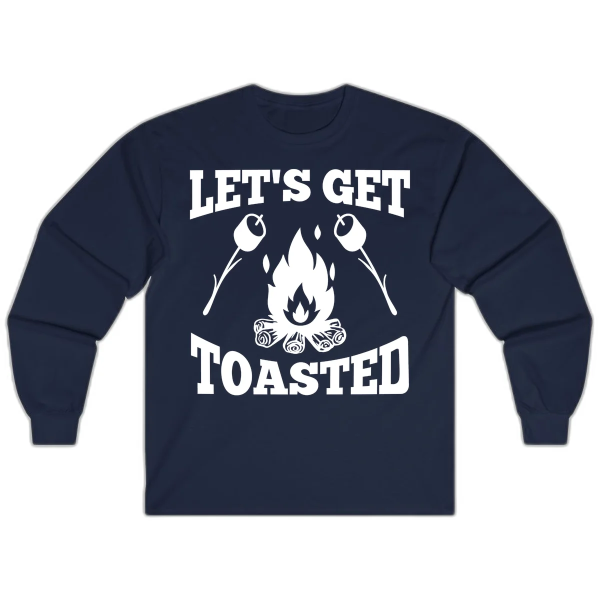 Campfire illustration with roasting sticks and marshmallows, text reads 'Let's Get Toasted' in Navy