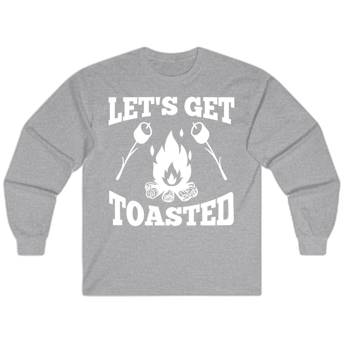 Campfire illustration with roasting sticks and marshmallows, text reads 'Let's Get Toasted' in Sport Grey