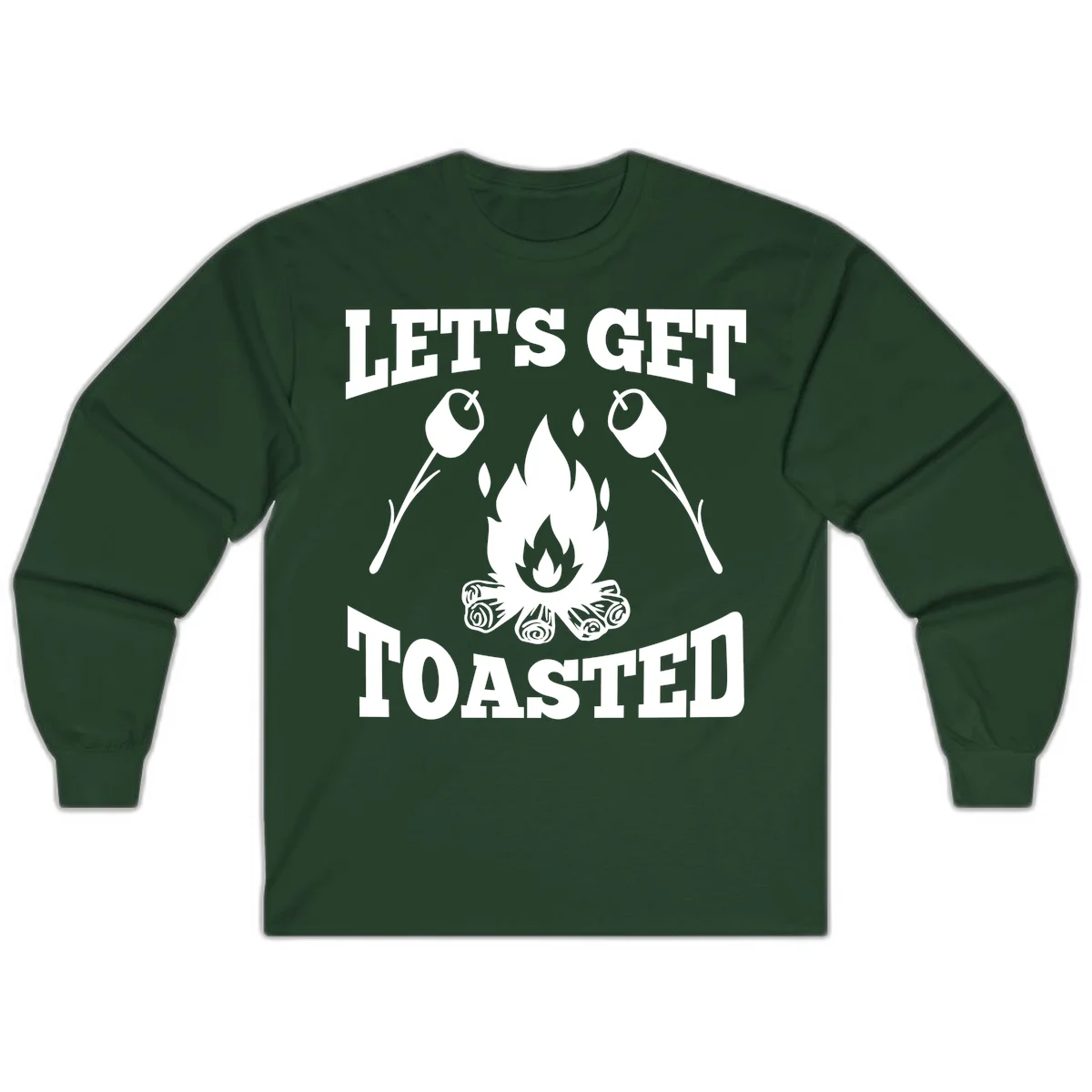 Campfire illustration with roasting sticks and marshmallows, text reads 'Let's Get Toasted' in Forest Green
