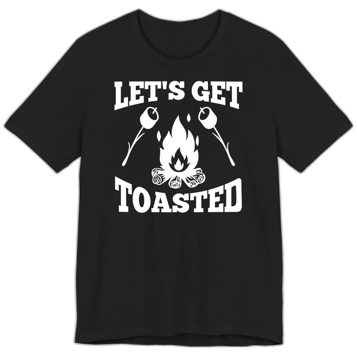 Campfire illustration with roasting sticks and marshmallows, text reads 'Let's Get Toasted' in Black