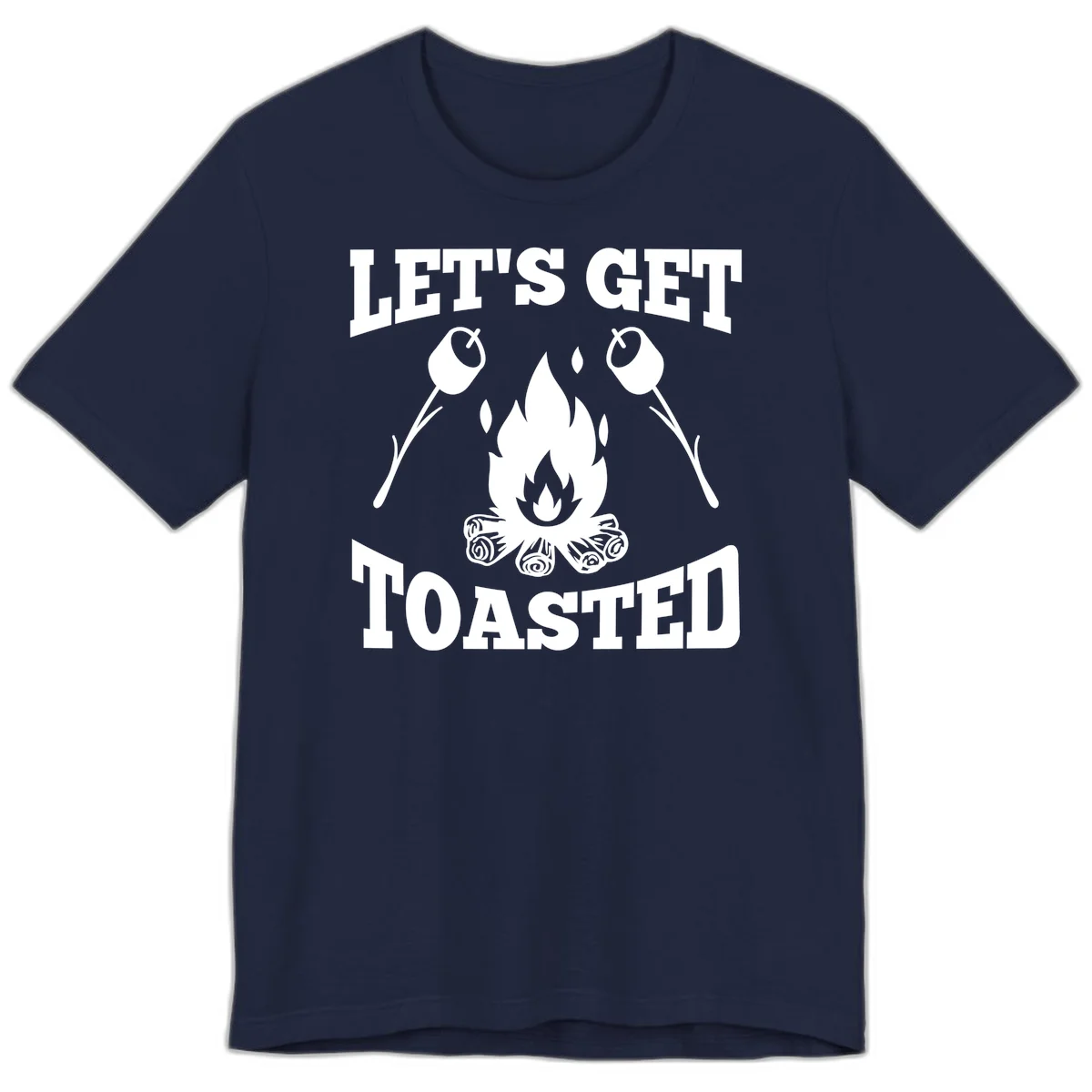 Campfire illustration with roasting sticks and marshmallows, text reads 'Let's Get Toasted' in Navy