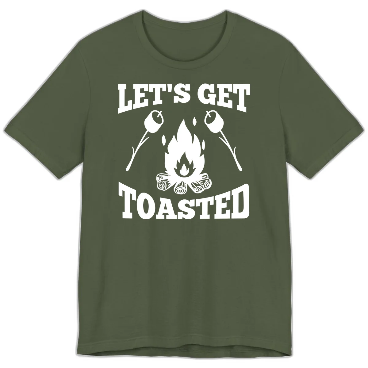 Campfire illustration with roasting sticks and marshmallows, text reads 'Let's Get Toasted' in Military Green