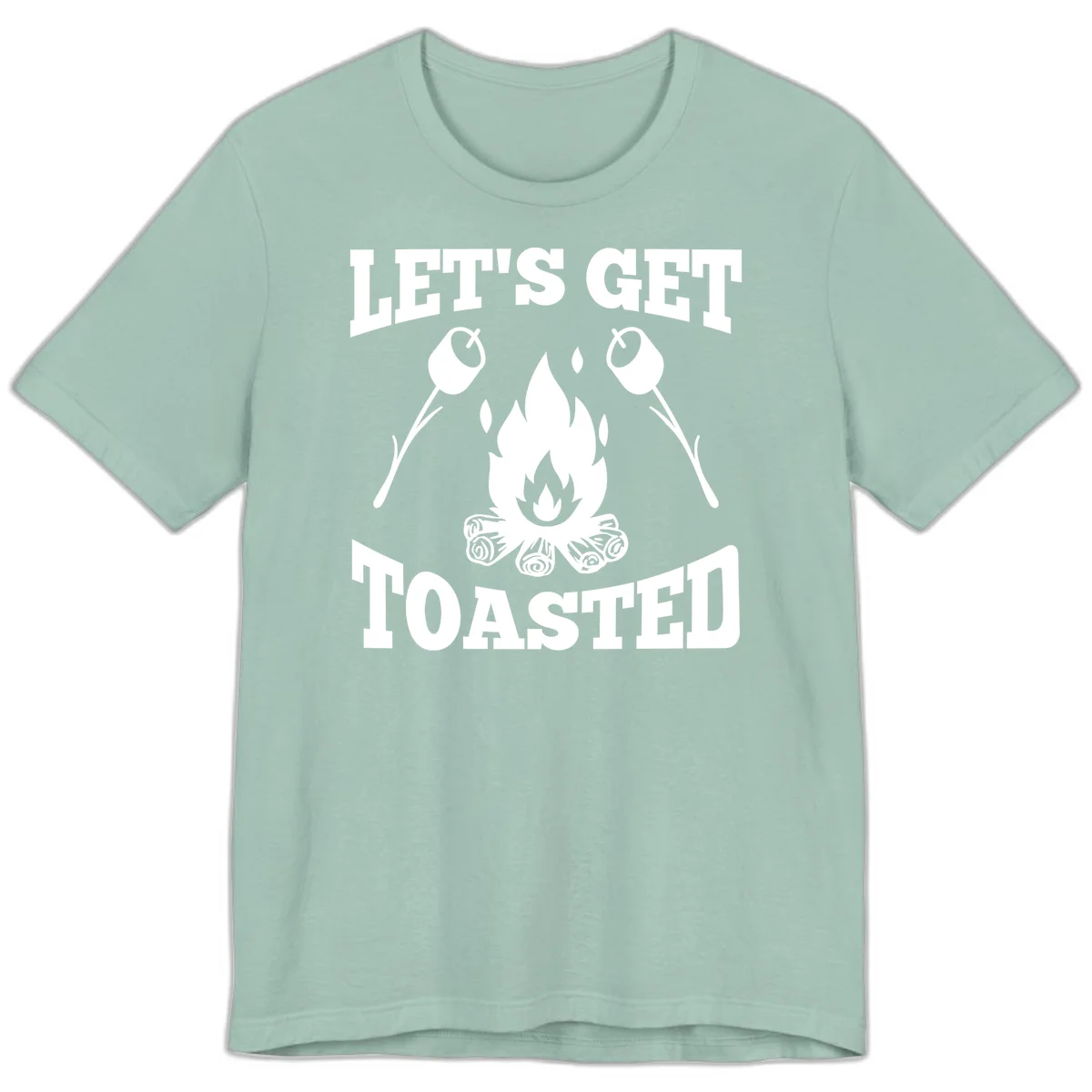 Campfire illustration with roasting sticks and marshmallows, text reads 'Let's Get Toasted' in Dusty Blue