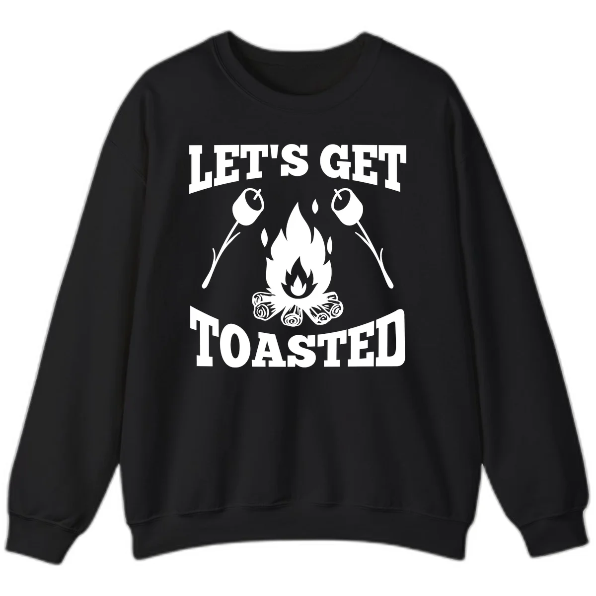 Campfire illustration with roasting sticks and marshmallows, text reads 'Let's Get Toasted' in Black