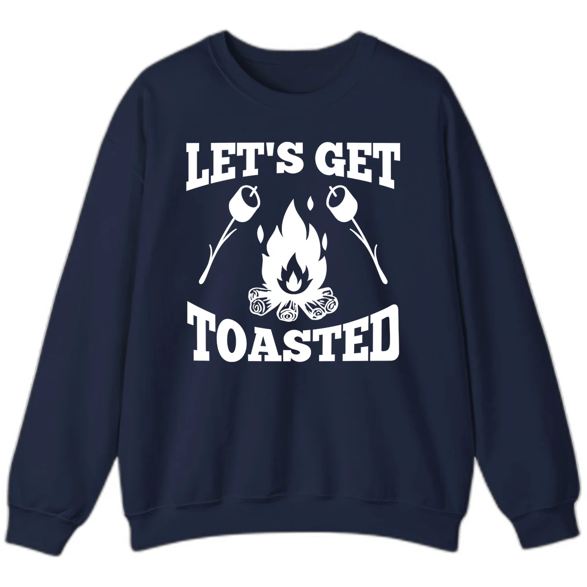 Campfire illustration with roasting sticks and marshmallows, text reads 'Let's Get Toasted' in Navy