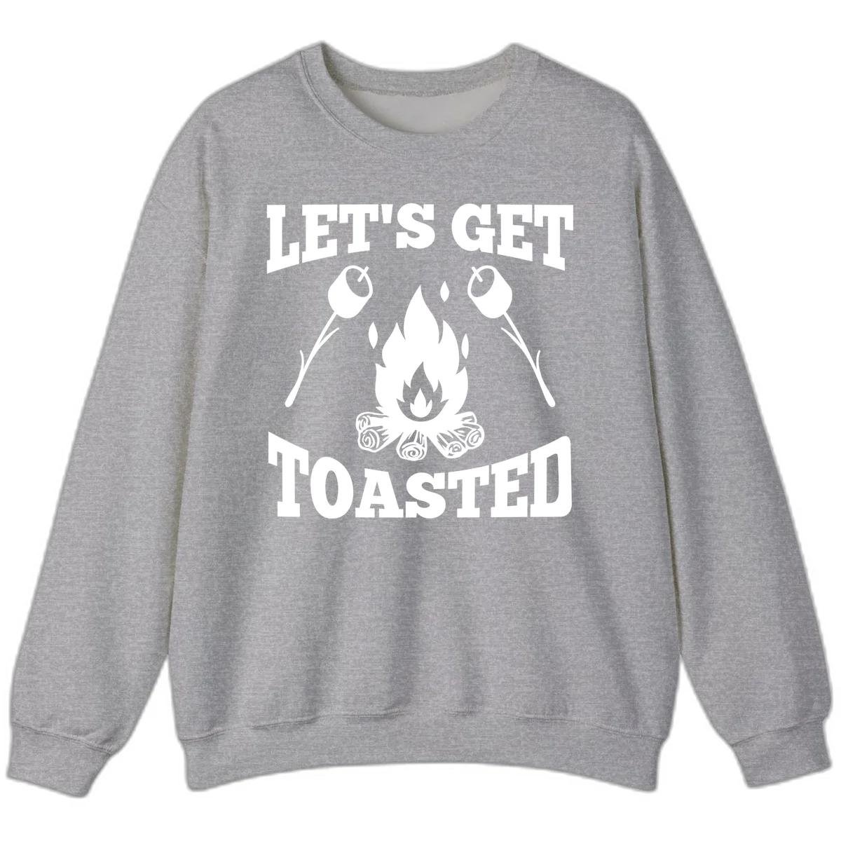 Campfire illustration with roasting sticks and marshmallows, text reads 'Let's Get Toasted' in Sport Grey