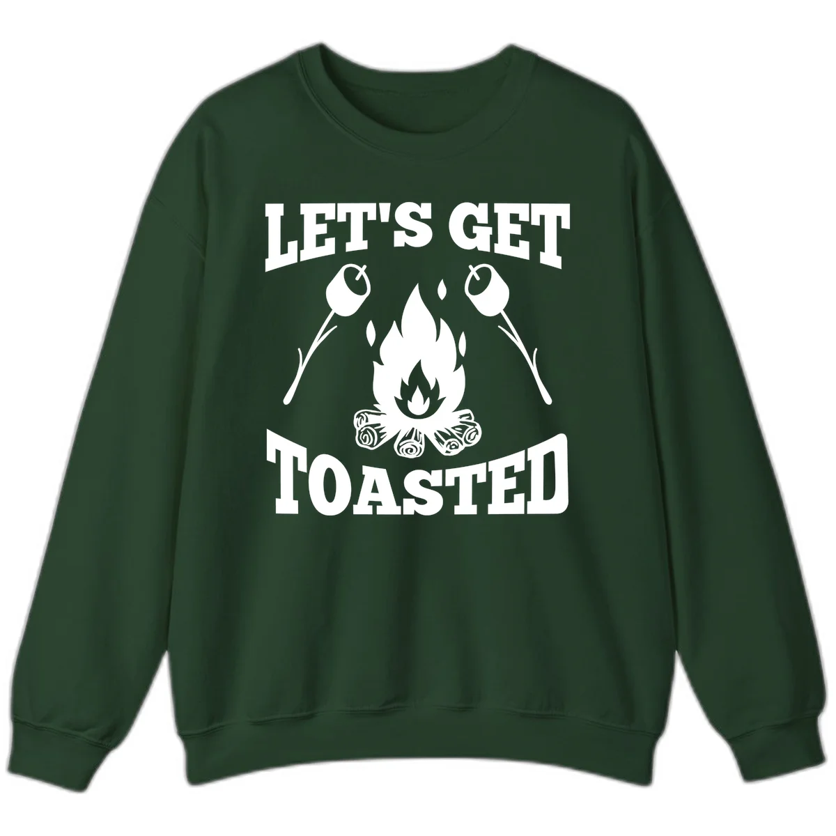 Campfire illustration with roasting sticks and marshmallows, text reads 'Let's Get Toasted' in Forest Green