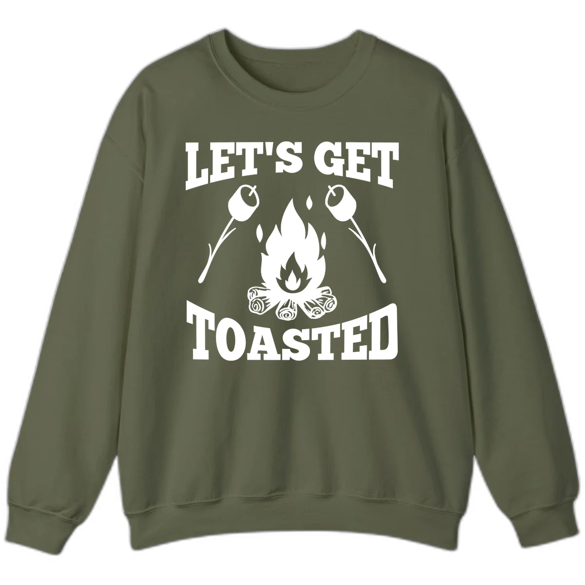 Campfire illustration with roasting sticks and marshmallows, text reads 'Let's Get Toasted' in Military Green