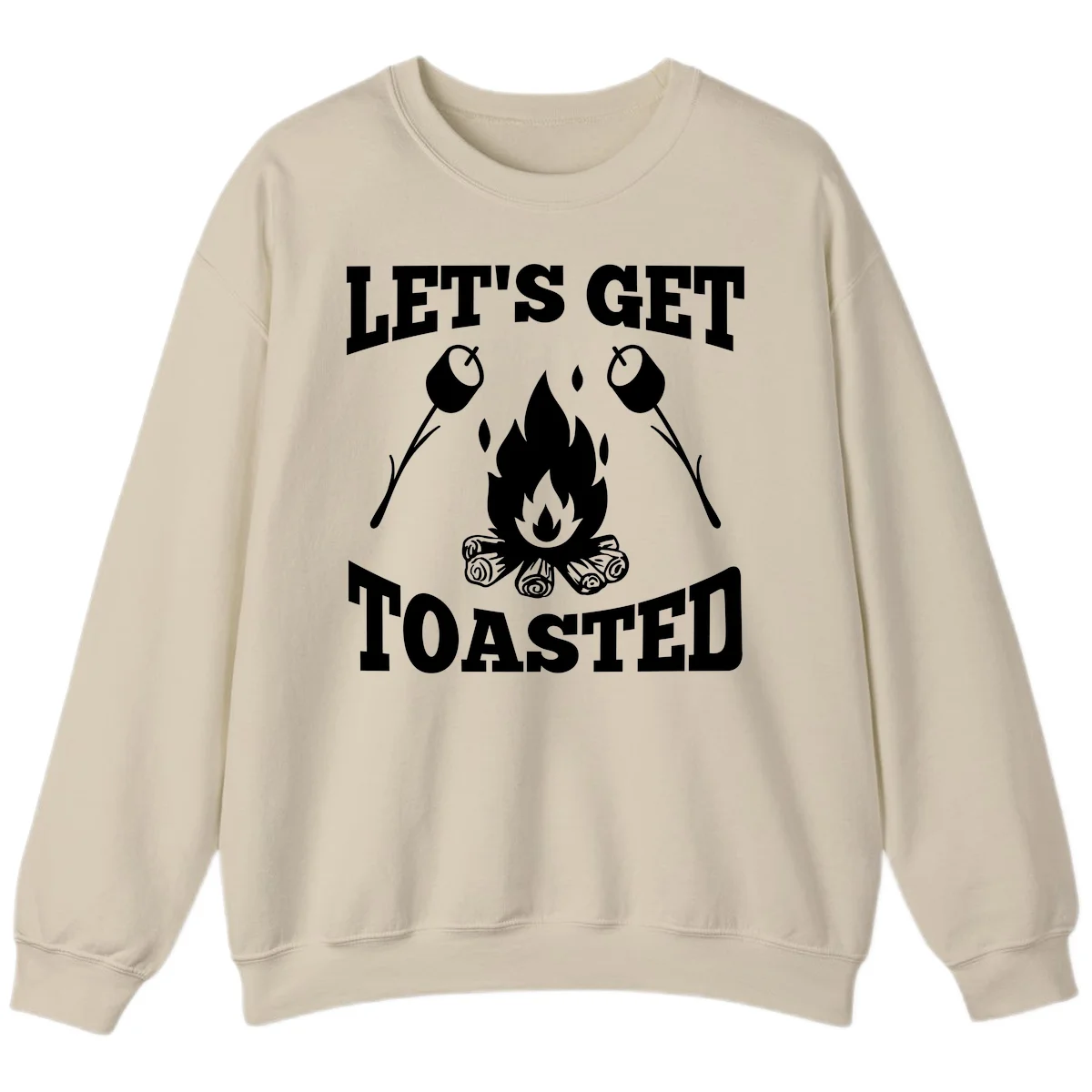 Campfire illustration with roasting sticks and marshmallows, text reads 'Let's Get Toasted' in Sand