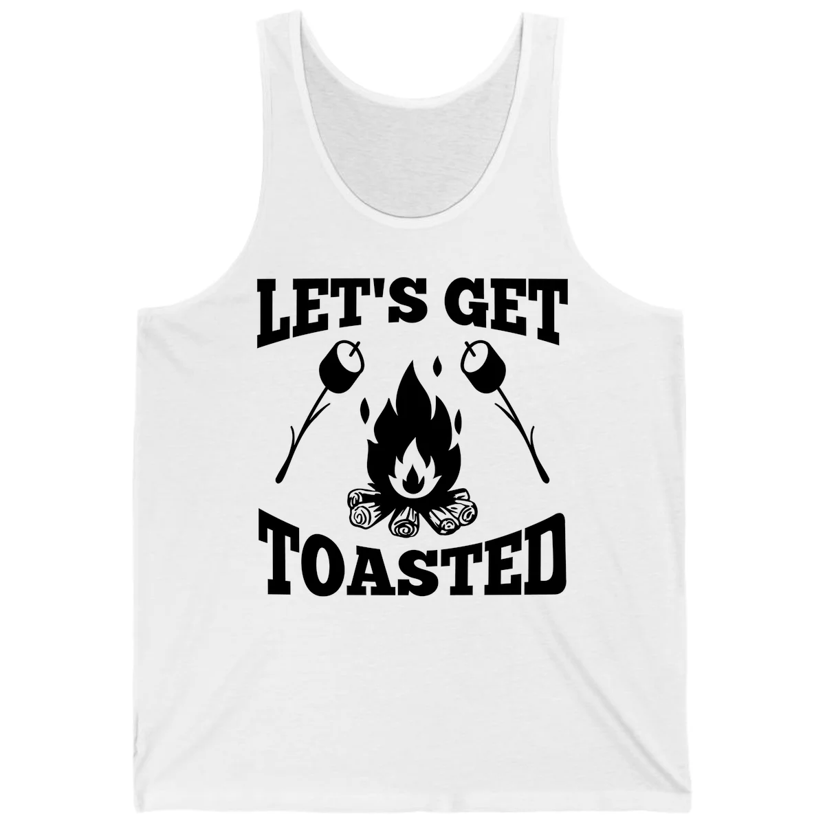 Campfire illustration with roasting sticks and marshmallows, text reads 'Let's Get Toasted' in White