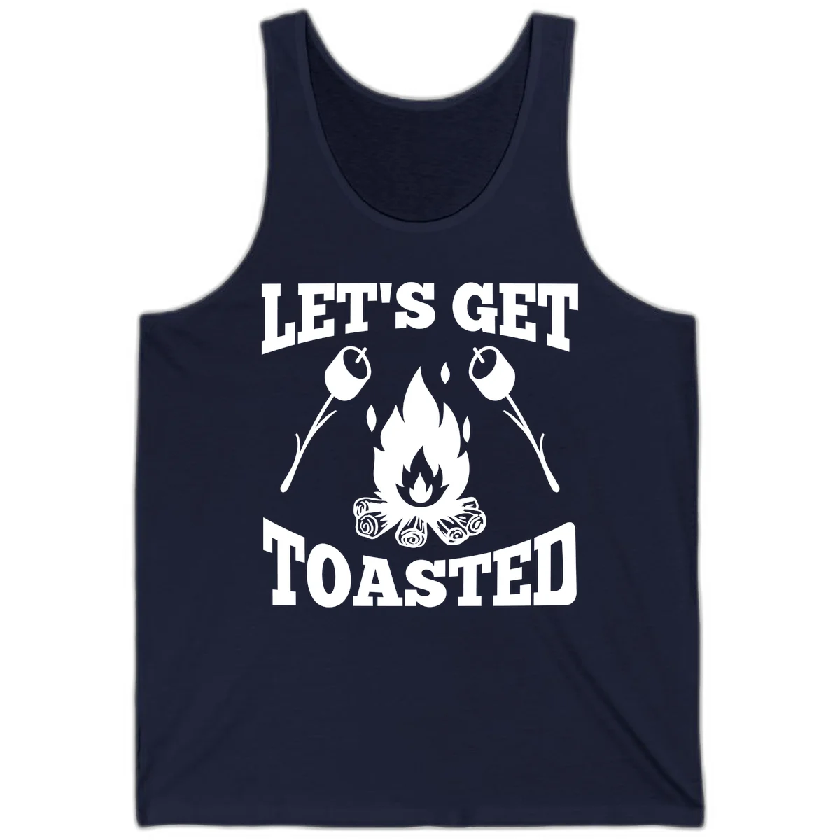 Campfire illustration with roasting sticks and marshmallows, text reads 'Let's Get Toasted' in Navy