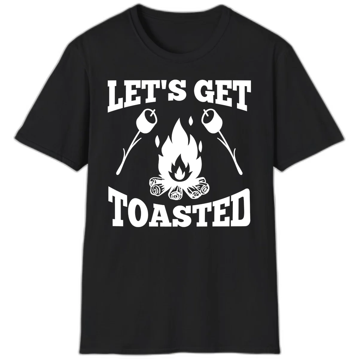 Campfire illustration with roasting sticks and marshmallows, text reads 'Let's Get Toasted' in Black