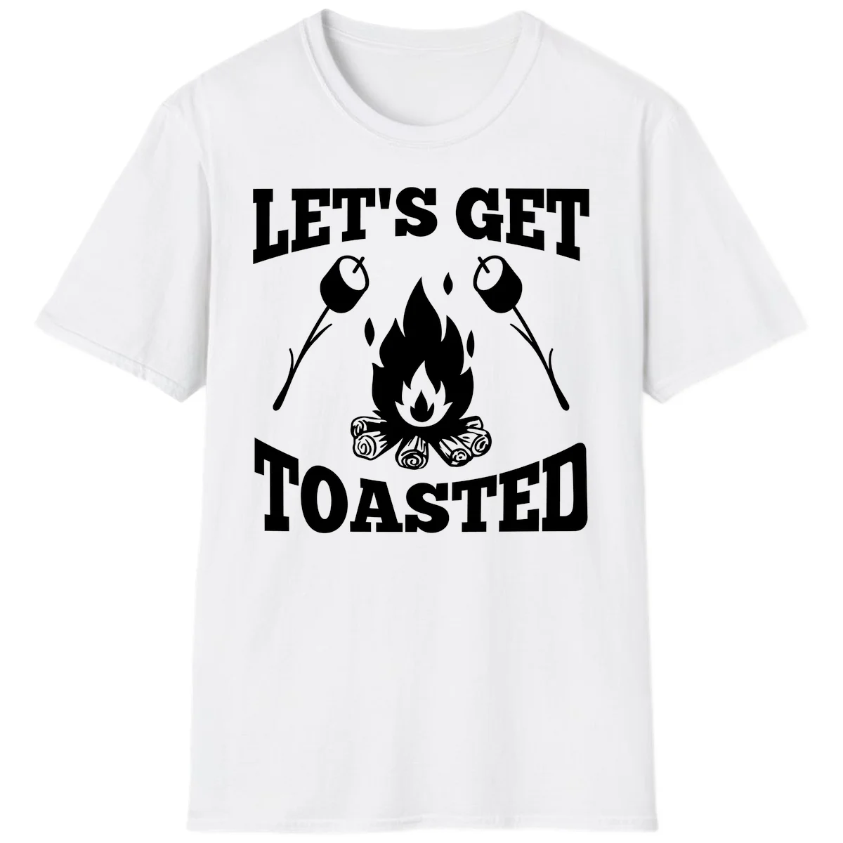 Campfire illustration with roasting sticks and marshmallows, text reads 'Let's Get Toasted' in White