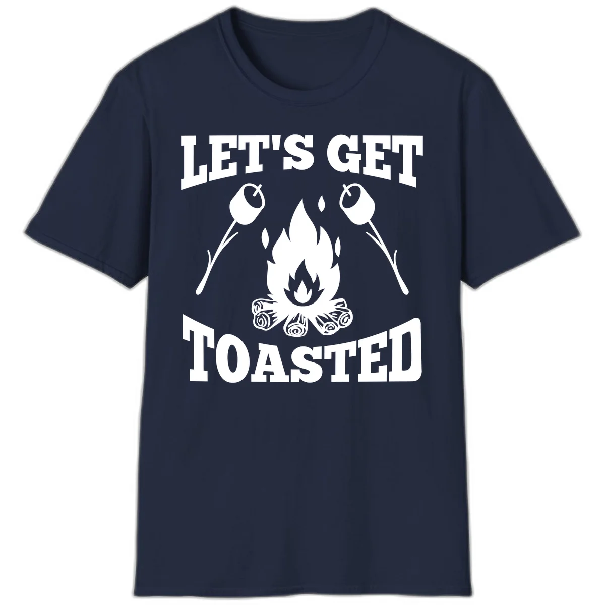 Campfire illustration with roasting sticks and marshmallows, text reads 'Let's Get Toasted' in Navy