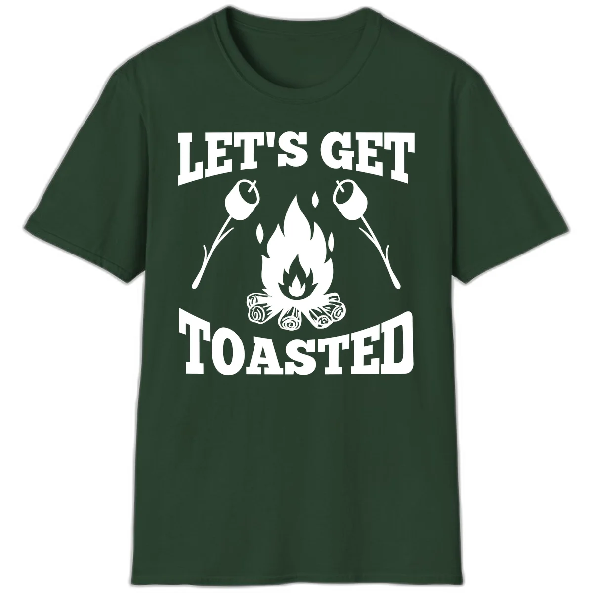 Campfire illustration with roasting sticks and marshmallows, text reads 'Let's Get Toasted' in Forest Green