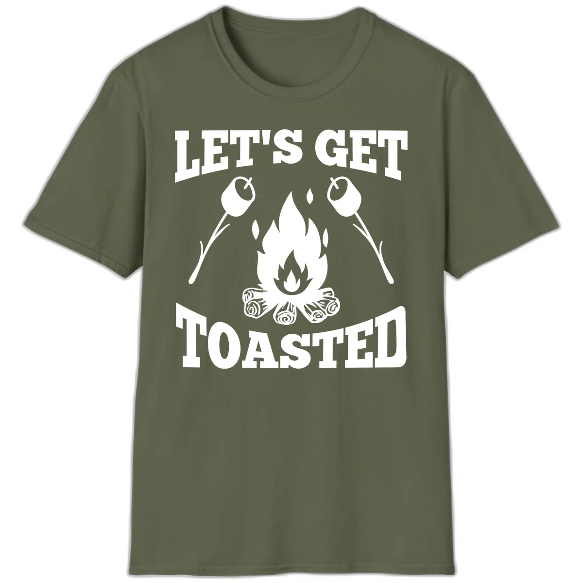 Campfire illustration with roasting sticks and marshmallows, text reads 'Let's Get Toasted' in Military Green