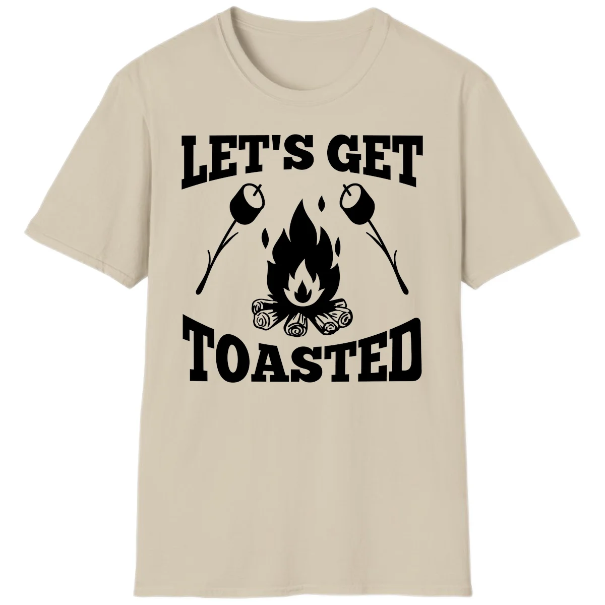 Campfire illustration with roasting sticks and marshmallows, text reads 'Let's Get Toasted' in Sand