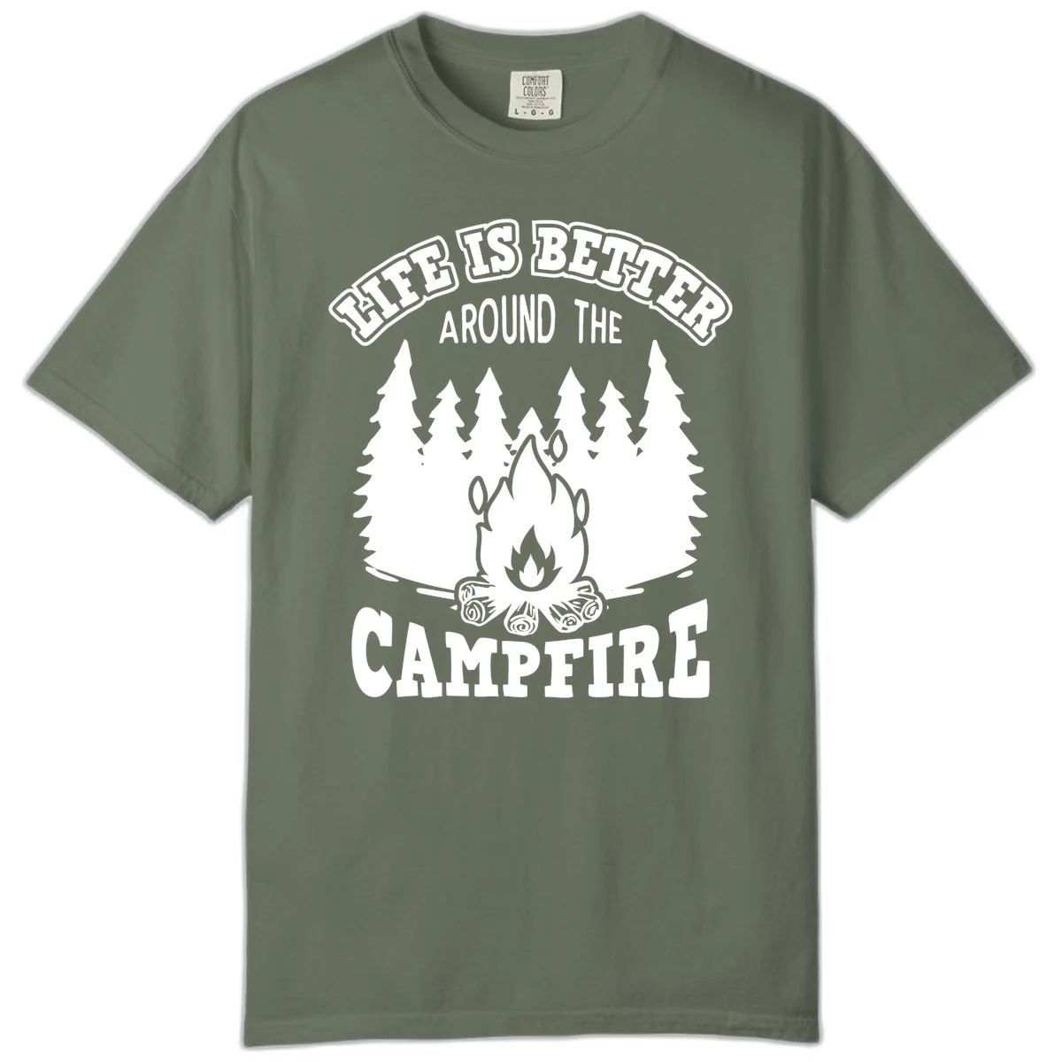 Campfire illustration surrounded by evergreen trees with text reading 'Life Is Better Around The Campfire' for camping enthusiasts in Moss