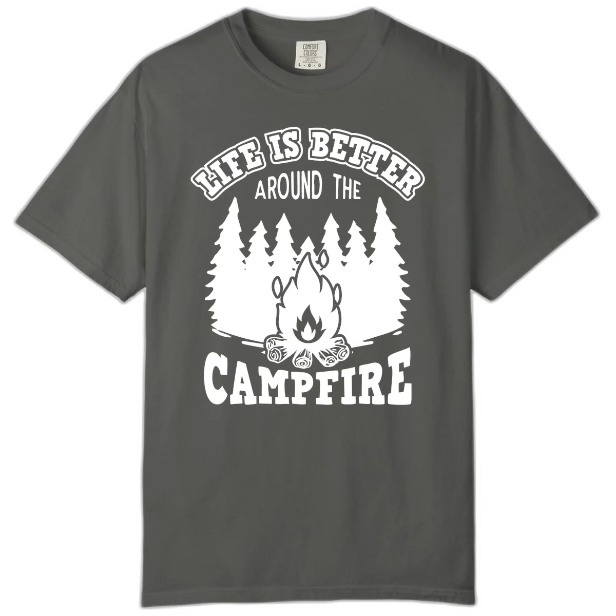 Campfire illustration surrounded by evergreen trees with text reading 'Life Is Better Around The Campfire' for camping enthusiasts in Pepper