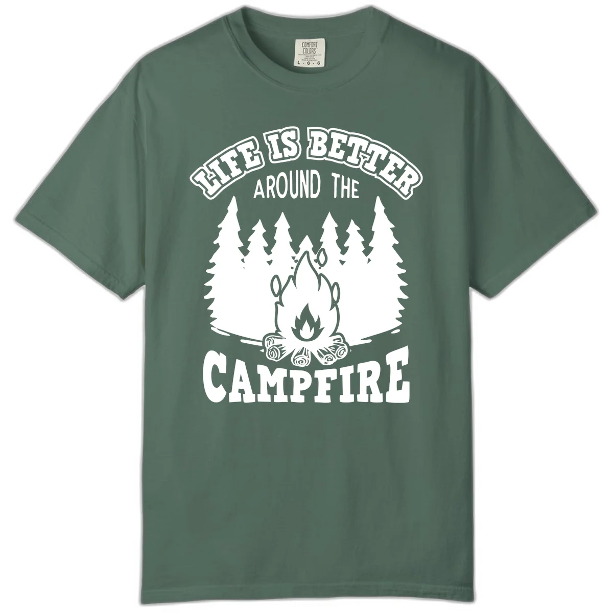 Campfire illustration surrounded by evergreen trees with text reading 'Life Is Better Around The Campfire' for camping enthusiasts in Blue Spruce