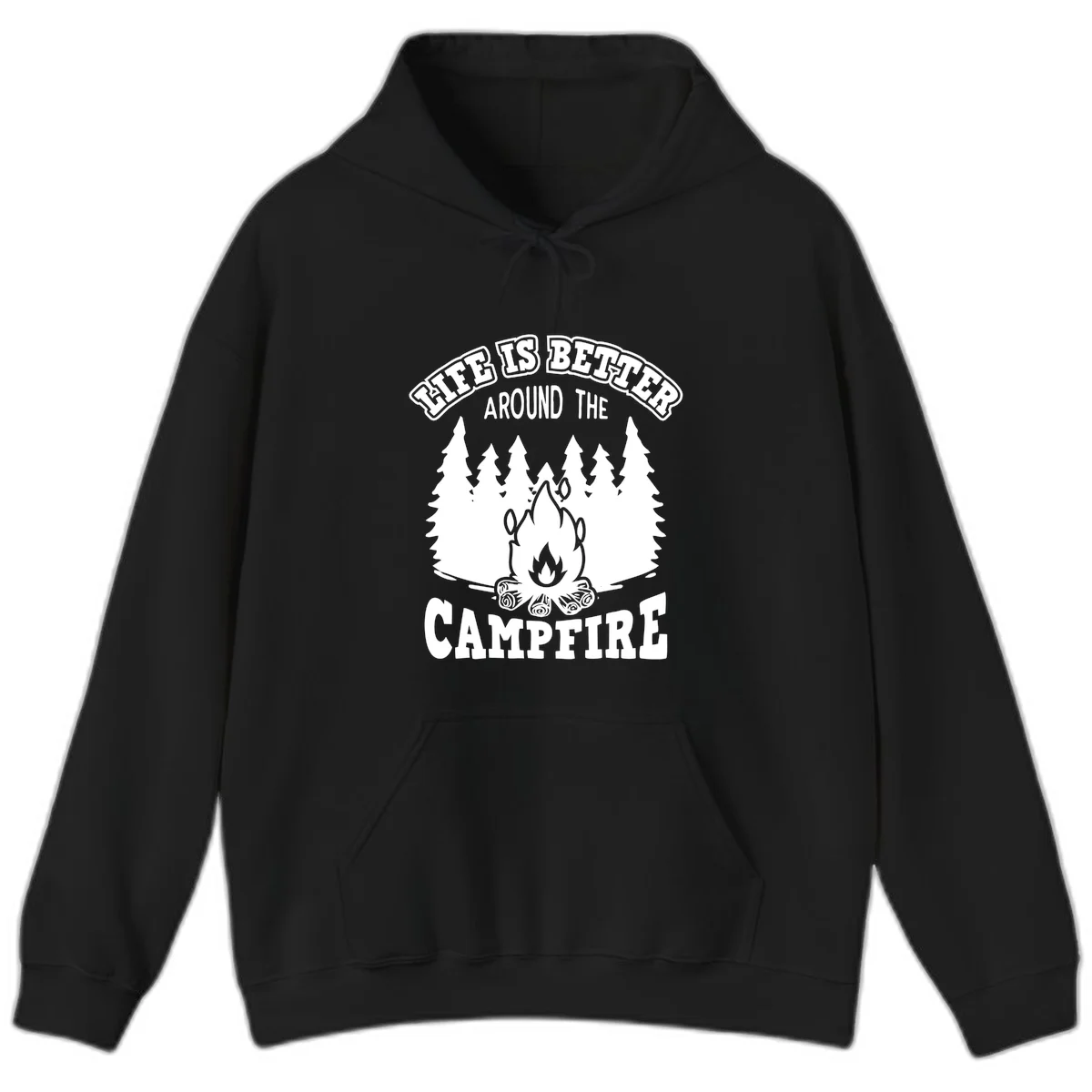 Campfire illustration surrounded by evergreen trees with text reading 'Life Is Better Around The Campfire' for camping enthusiasts in Black